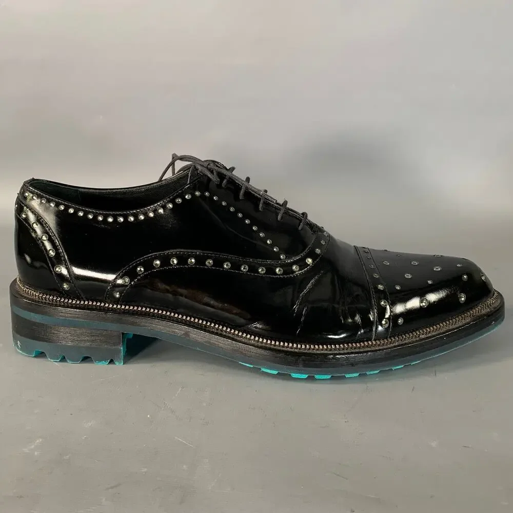 JOHN RICHMOND Size 11 Black Rhinestone Patent Leather Cap Toe Lace Up Shoes